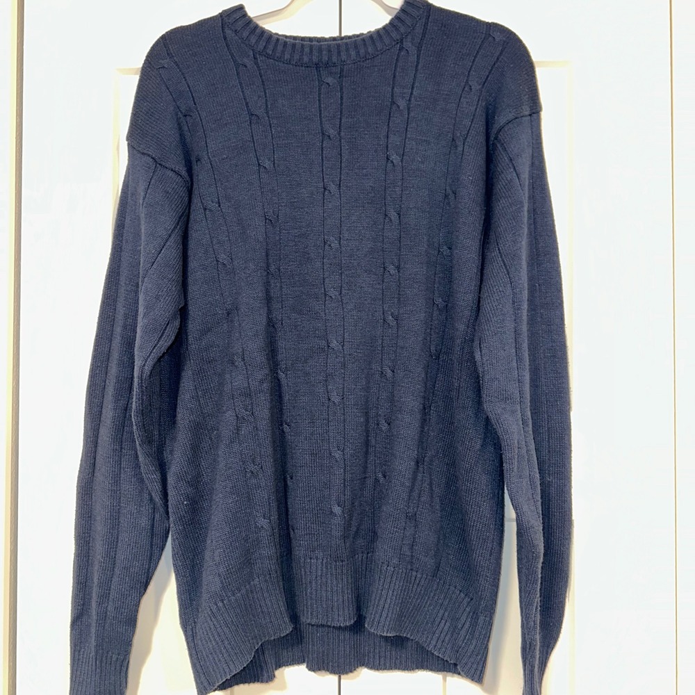 Oscar de la Renta Men Navy Blue Cable Knit Crew Neck Sweater XL Cotton Blend‎